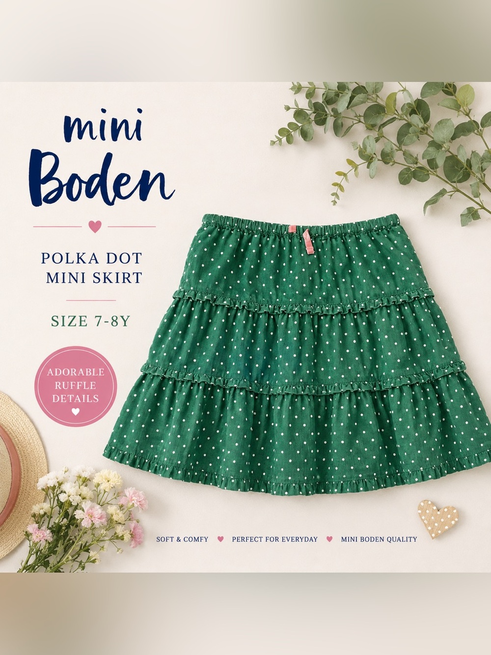 Mini Boden Green Polka Dot Tiered Skirt | Girls Size 7–8Y (128 cm)